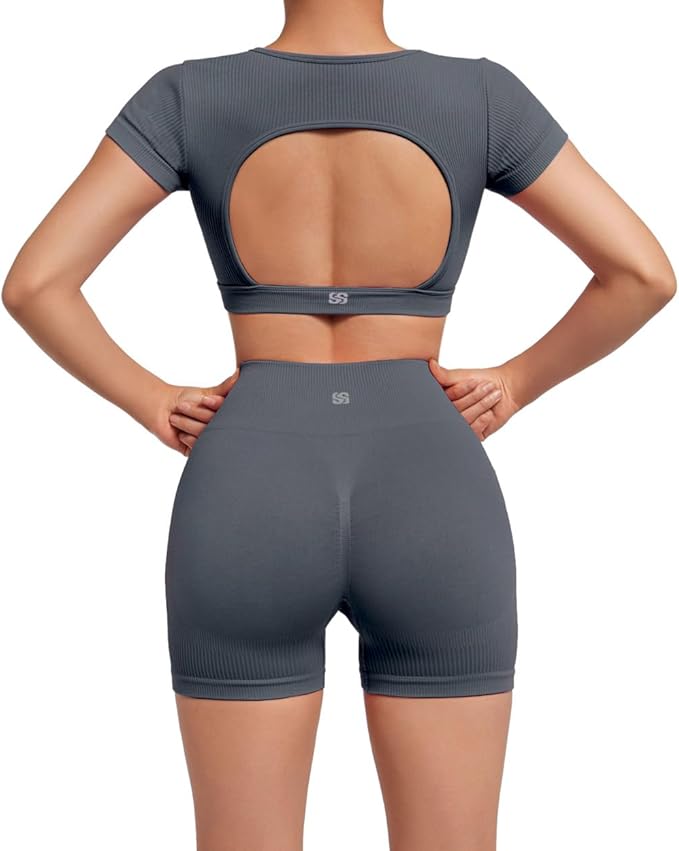 SUUKSESS Womens Workout Sets Open Back Gym Sets Woman Yoga Pilates Crop Tank High Waisted Bike Shorts