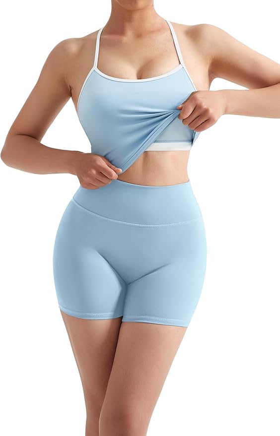 SUUKSESS Women 2 Piece Workout Sets High Waisted Tummy Control Biker Shorts Halter Padded Tank Tops