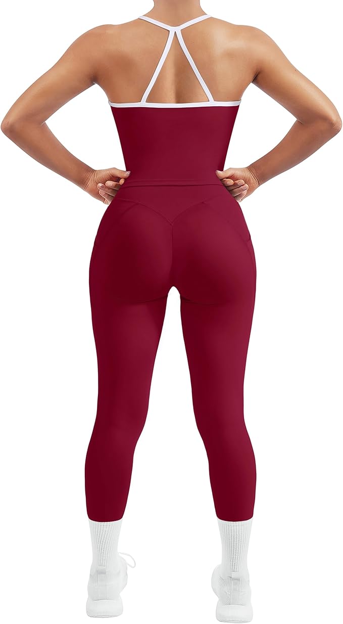 SUUKSESS Women 2 Piece Workout Sets Compression Tummy Control Leggings with Pockets Halter Built in Bra Tank Tops