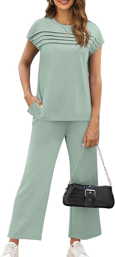WIHOLL Two Piece Sets for Women Summer Spring Travel Vacation Outfits Cap Sleeve Lounge Matching Sets Wide Leg Pants S-3XL