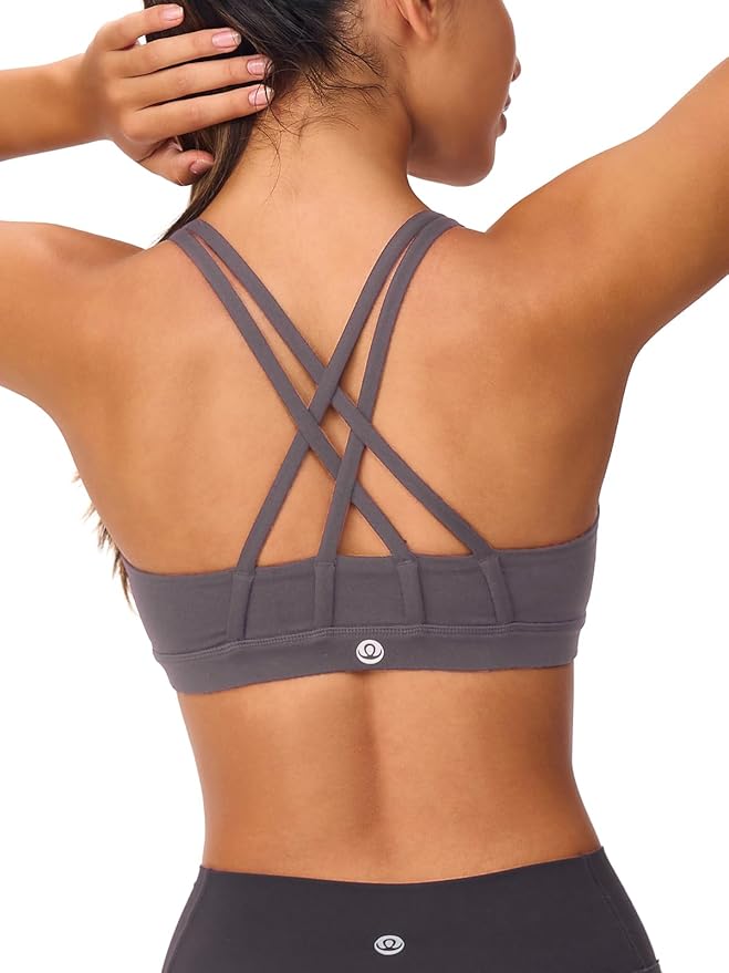Women's Strappy Sports Bras Light Compression Crop Criss Cross Back Padded Workout Yoga Bra Supportive U Neckline