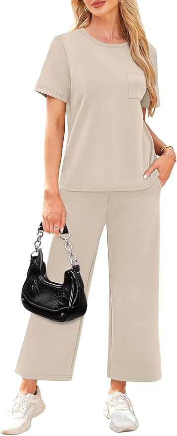 WIHOLL 2 Piece Sets for Women Casual Summer Travel Vacation Outfits Short Sleeve Wide Leg Crop Pants Lounge Sets