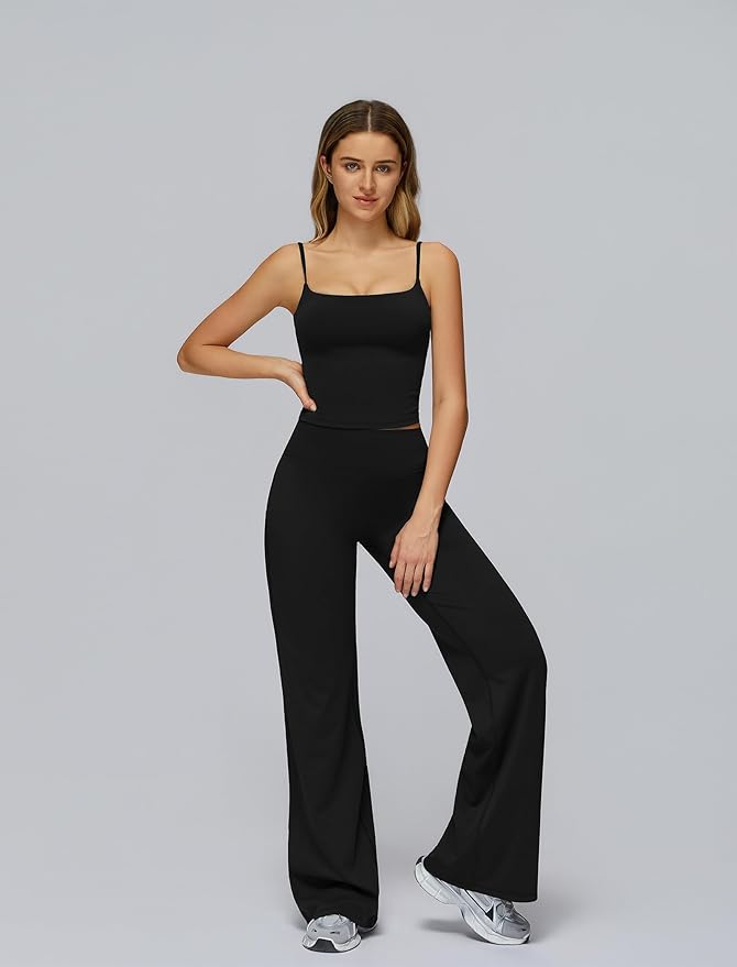 QBGJTD Womens Workout Sets Two Piece Spaghetti Straps Crop Top Matching Straight Leg Pants Gym Work Pilates Outfits