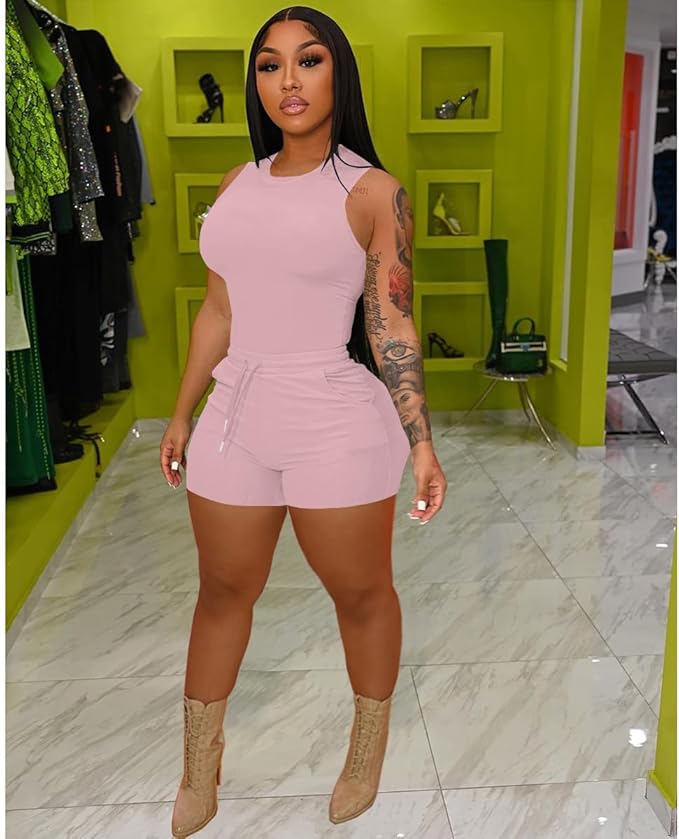 HBQ Women 2 Piece Outfits Sleeveless Tank Tops Biker Short Workout Jogger Sets Summer