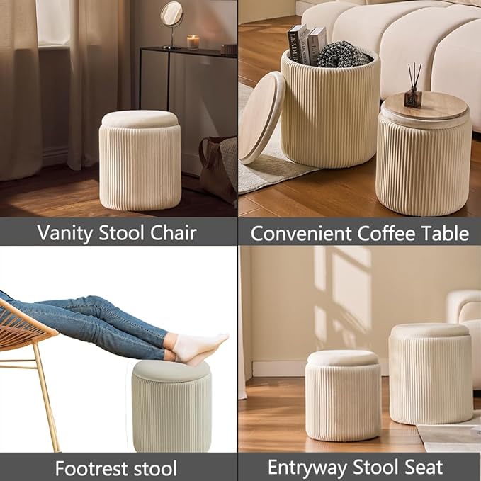 BLEXA Round Set of 2 Ottoman with Storage-Upholstered Velvet Vanity Stool for Makeup Multifunctional Ottomans Coffee Table Padded Seat Foot Rest for Living Room&Bedroom(White)