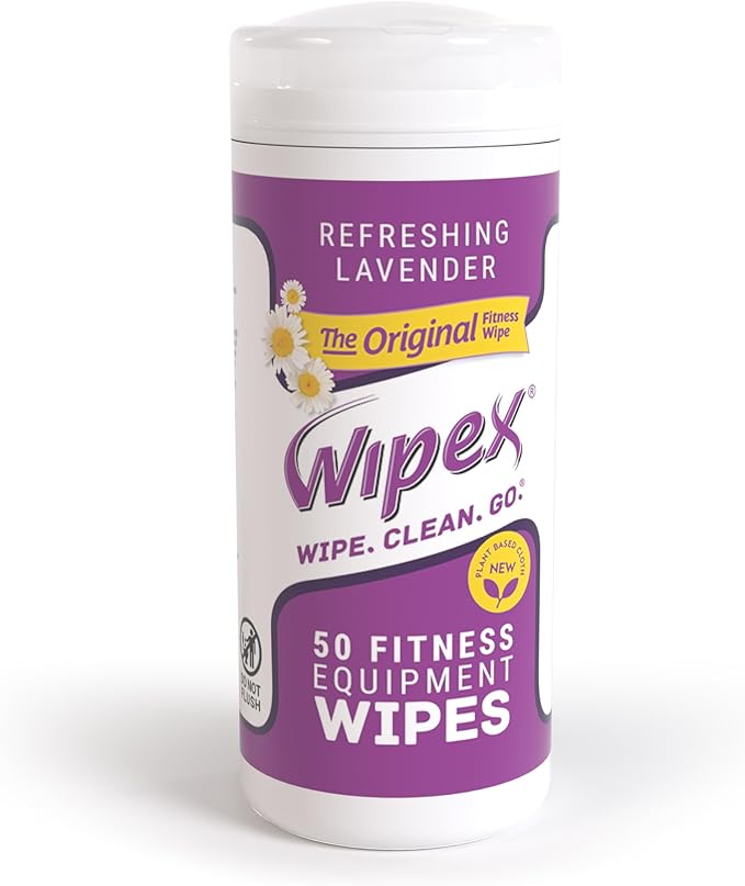 Wipex Original Fitness Equipment Wipes -EWG Verified - 50 Count Plant-Based No-Lint Cloth Gym Wipes for Workout Equipment, Yoga Mat Cleaner, Peloton Cleaner with Lavender Essential Oil & Vinegar,