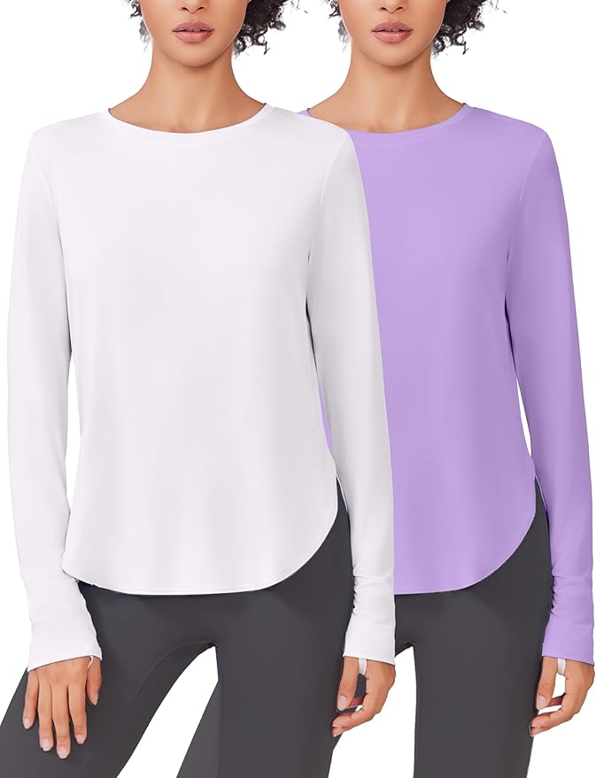 PINSPARK 2 Pack Long Sleeve Workout Tops for Women UV Protection Soft Workout Tops Lightweight Athletic Running Hiking Shirt
