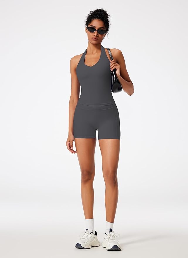 RXRXCOCO Halter Workout Sets for Women 2 Piece V Neck Tank Tops Hidden Scrunch Booty Shorts Gym Outfits with Pockets
