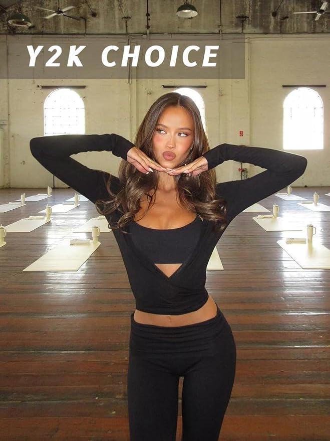 Danysu Ballet Wrap Tops Long Sleeve Cross Tie Crop Shirts Deep V-Neck Dance Clothes Fall Cardigans