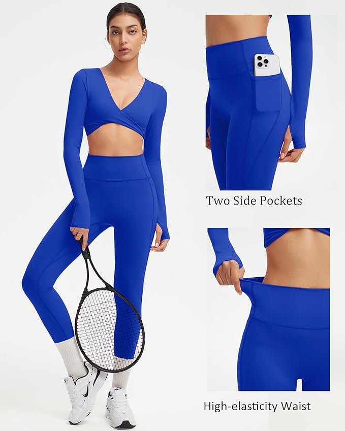 SUUKSESS Women 2 Piece Workout Sets Long Sleeve Twist Deep V Crop Padded Tops Yoga Leggings with Side Pockets