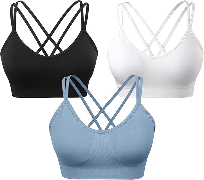 VEQKING Women's Cross Back Sports Bra Padded Strappy Medium Support Yoga Bra for Workout Fitness 3 Pack