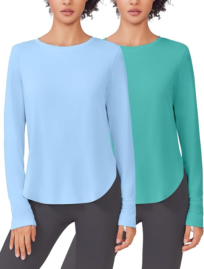 PINSPARK 2 Pack Long Sleeve Workout Tops for Women UV Protection Soft Workout Tops Lightweight Athletic Running Hiking Shirt