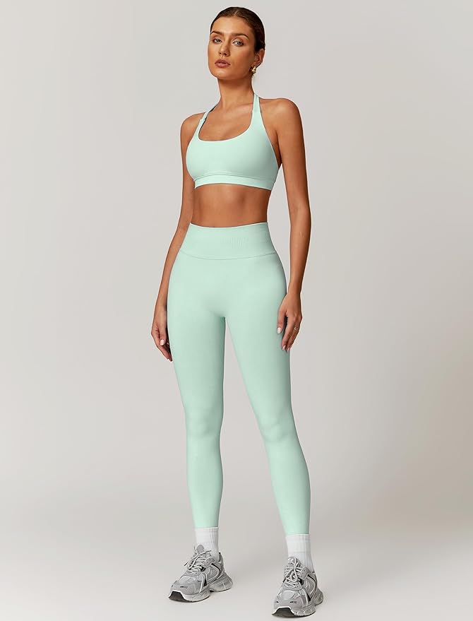 ABOCIW Workout Sets for Women Seamless Scunch Butt Lifting Impact Leggings Halter Sports Bra 2 Piece Gym Outfits
