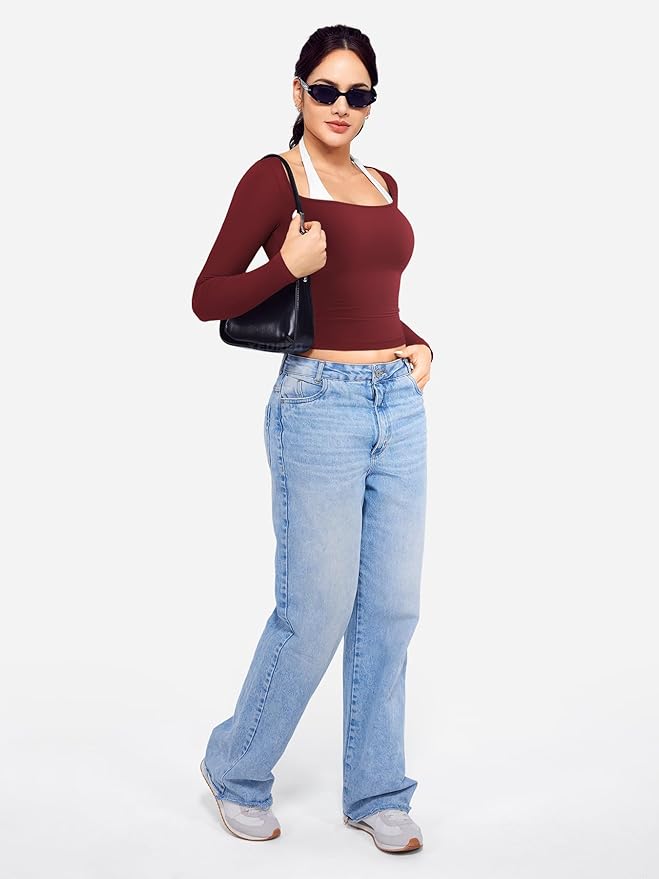 YEOREO Long Sleeve Workout Tops for Women Square Neck Slim Fitted Double Lined Compression Shirt Basic Casual Gym Yoga Tops