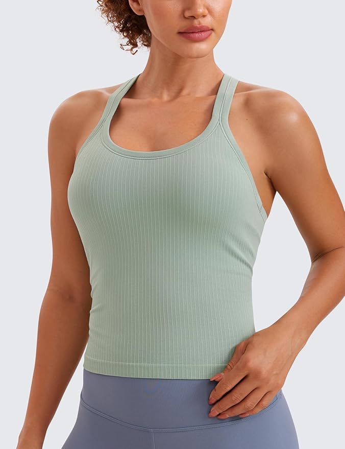 CRZ YOGA Seamless Ribbed Scoop Neck Tank Top for Women - Workout Racerback Padded Athletic Camisole with Built in Bra