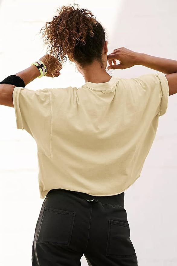 Women's Oversize Workout Crop Tops Casual Short Sleeve Drop Shoulder Boxy T-Shirts Roll Hem Basic Loose Yoga Running Tees