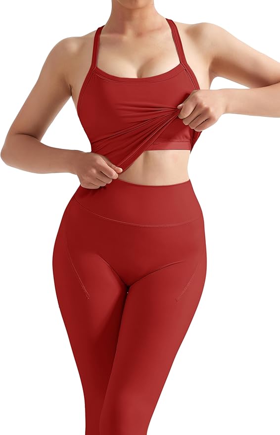 SUUKSESS Women 2 Piece Workout Sets Compression Tummy Control Leggings with Pockets Halter Built in Bra Tank Tops