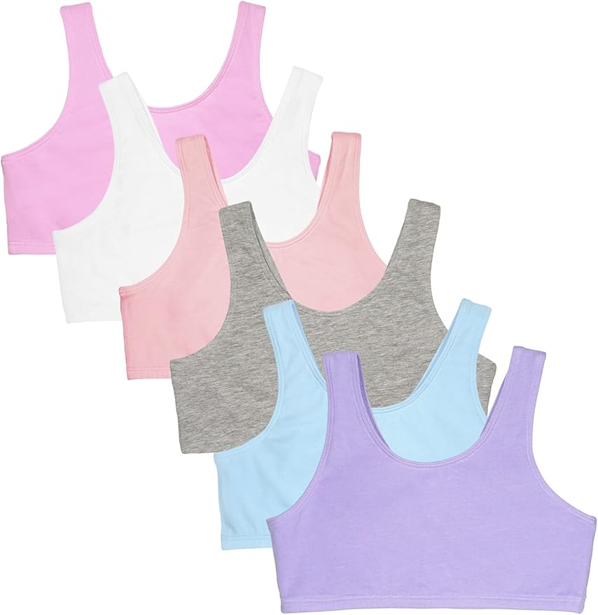 Fruit of the Loom girls Multi Pack Cotton Built -Up Stretch Sports Bra Available in 6 Packs!