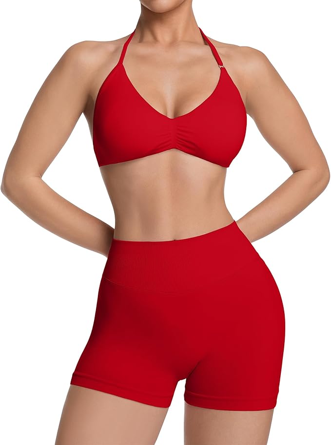Comper 2 Piece Workout Sets for Women Halter Strappy Sports Bra with Seamless Ribbed Gym Yoga shorts Outfits