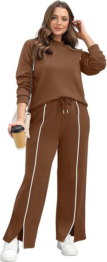 WIHOLL Lounge Sets for Women 2 Piece Fall Outfits 2025 Wide Leg Pant Matching Sets Womens Clothing