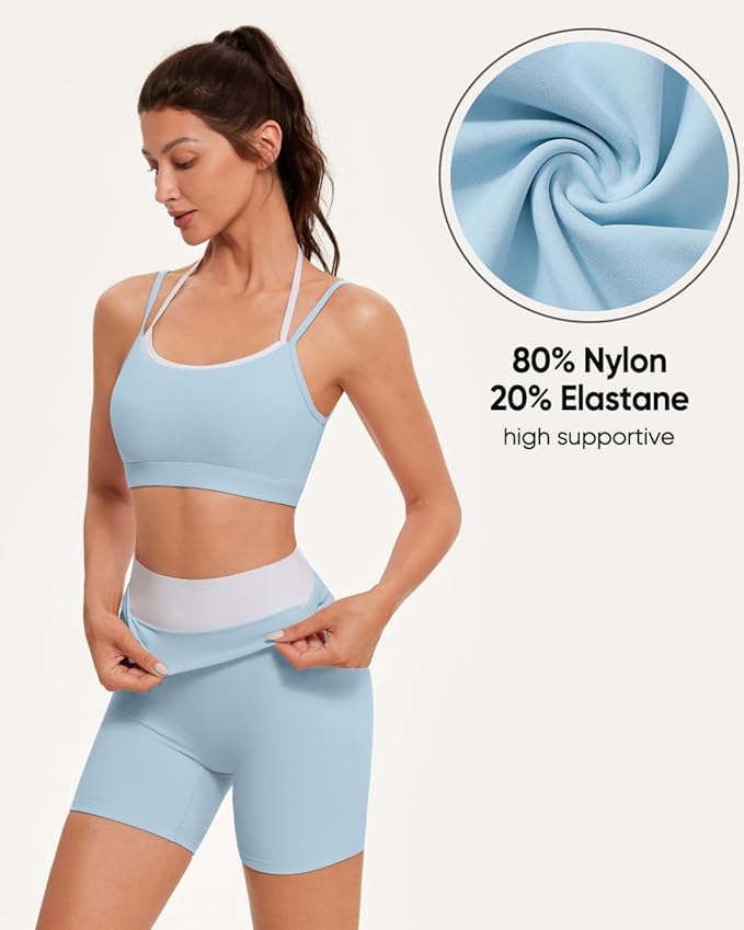 OMKAGI Workout Sets for Women Cute Doubel Layer Open Back Sports Bras Gym Shorts Outfits
