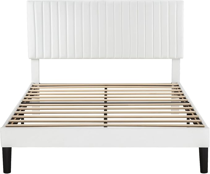 Allewie Queen Bed Frame, Velvet Upholstered Platform Bed with Adjustable Vertical Channel Tufted Headboard, Mattress Foundation with Strong Wooden Slats, Box Spring Optional, Easy Assembly, Off-White