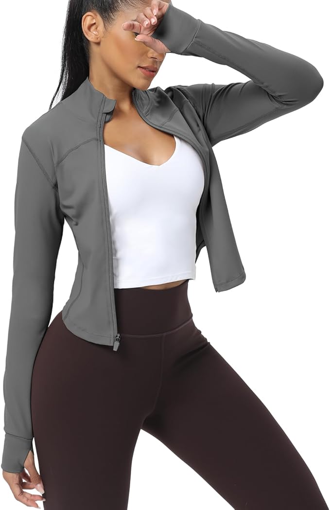 AVGO Women's Cropped Running Workout Jackets Zip Slim Fit Athletic Tops with Thumb Holes