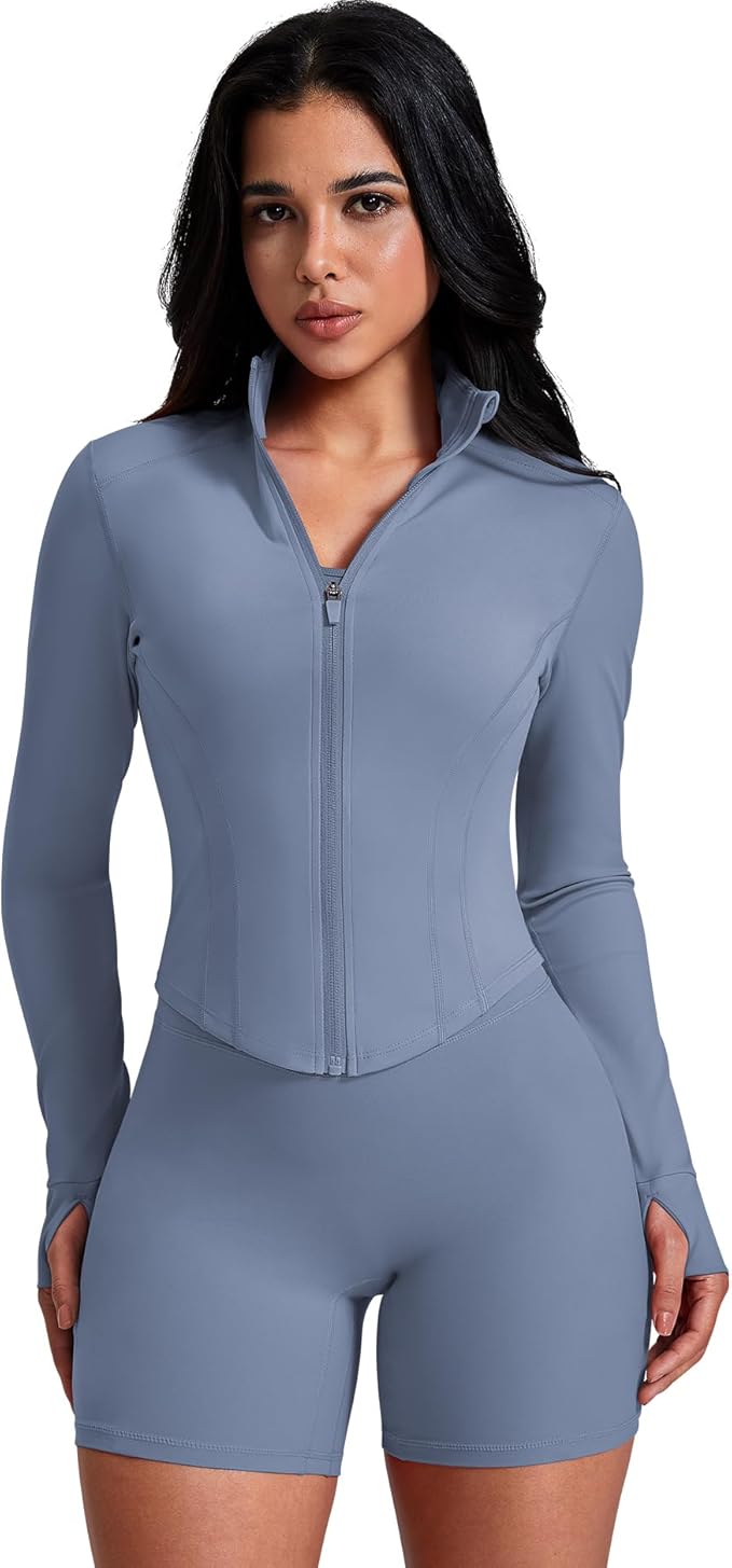 AVGO Women's Workout Jacket Lightweight Zip Up Crop Top Running Sportwear Slim Fit Gym Jackets With Thumb Holes