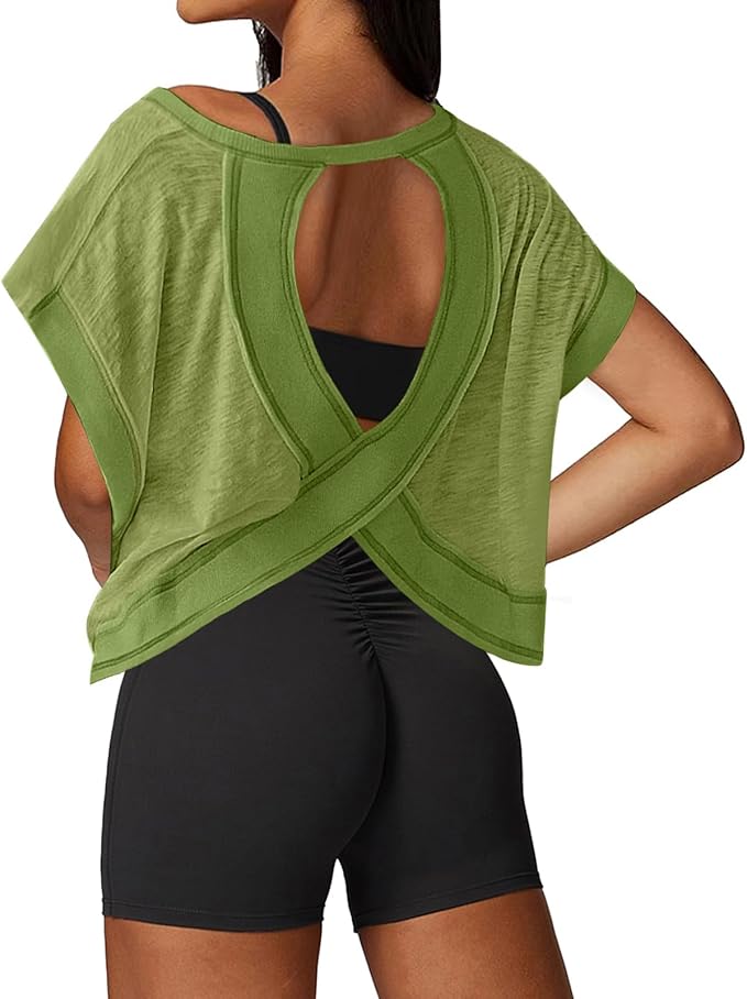 UNIANKIYA Open Back Workout Tops for Women Loose Fit Athletic Crop Tee Short Sleeve Gym Running Yoga Shirt
