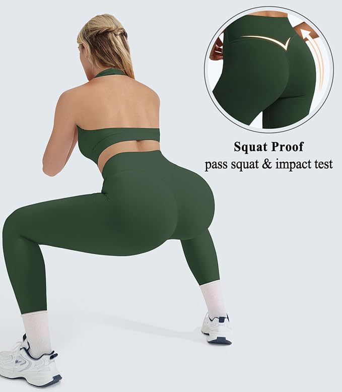 OMKAGI 2 Piece Workout Sets for Women Halter Sports Bras Gym Sets Booty Leggings Outfits