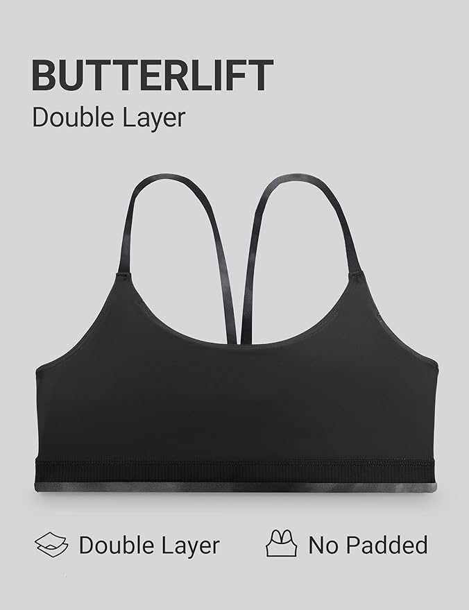 CRZ YOGA Butterlift Double Lined V Back Sports Bras for Women - Scoop Neck Spaghetti Strap Wireless Yoga Top Non Padded