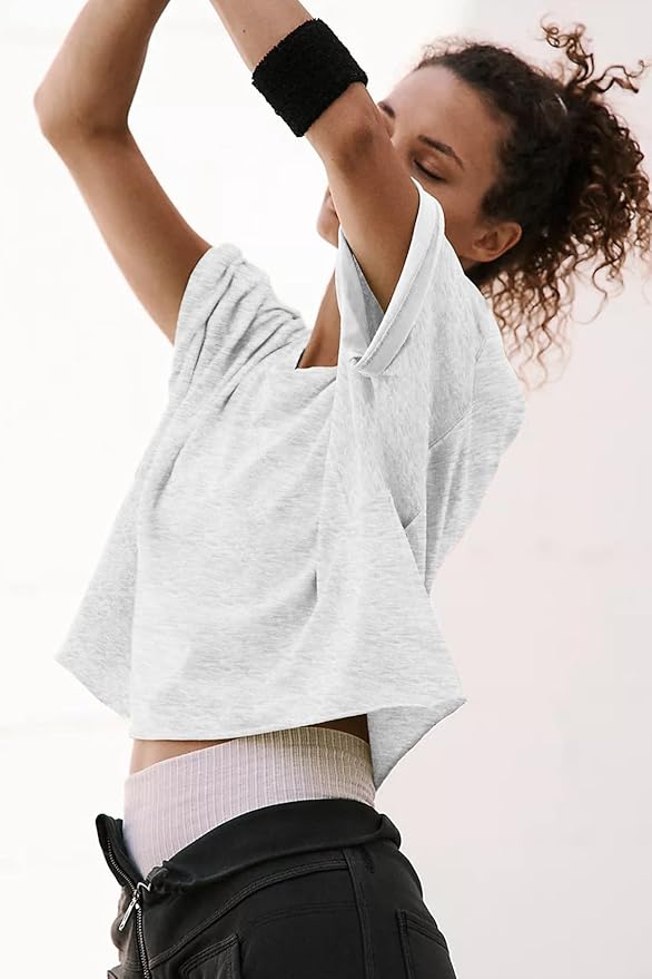 Women's Oversize Workout Crop Tops Casual Short Sleeve Drop Shoulder Boxy T-Shirts Roll Hem Basic Loose Yoga Running Tees