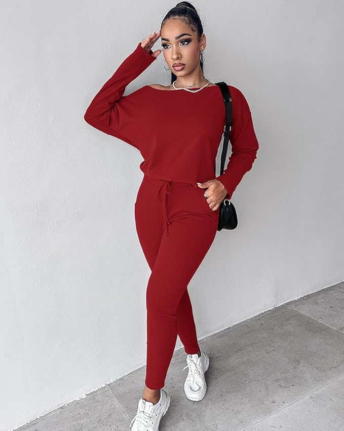 CHICME Women Tracksuit Fall 2 piece Outfits Off The Shoulder Long Sleeve Tops and Pants Set Travel Outfits