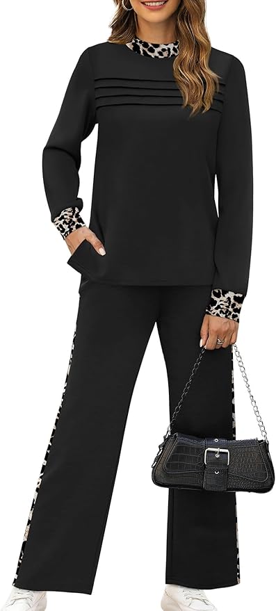 WIHOLL Two Piece Sets for Women Spring Travel Vacation Outfits 2026 Long Sleeve Lounge Sets Side Slit Wide Leg Pants S-3XL