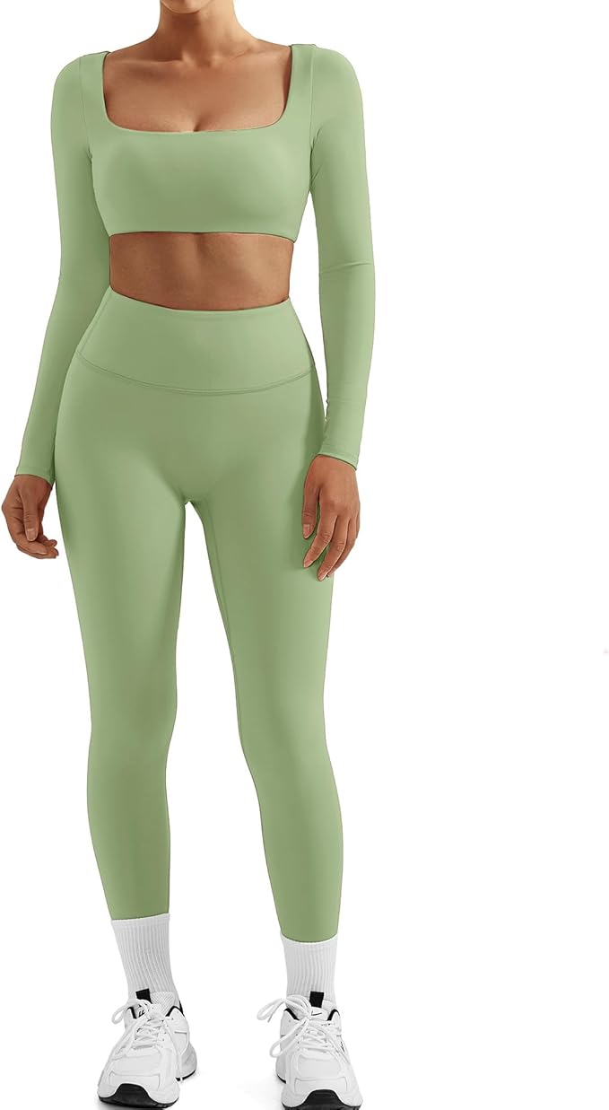 SUUKSESS Women 2 Piece Workout Sets Compression Tummy Control Leggings with Pockets Long Sleeve Square Neck Padded Crop Tops
