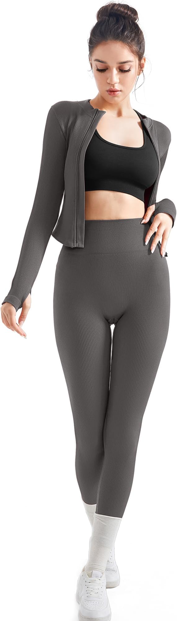 SUUKSESS Women 2 Piece Seamless Ribbed Workout Sets With Zip Up Jacket High Waisted Gym Yoga Leggings