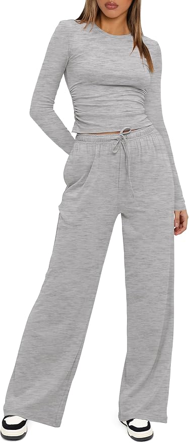 Darong Women's 2 Piece Outfits Lounge Sets 2026 Long Sleeve Tops Wide Leg Pants Casual Matching Set