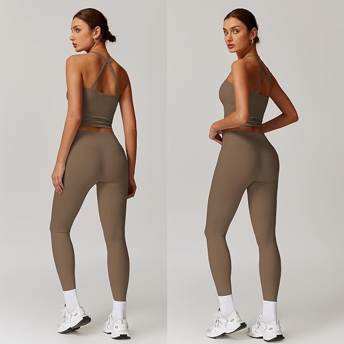 Women 2 Piece Workout Sets (NEW) Yoga Outfit Open Back Tank Top High Waisted Leggings Gym Sets Tracksuits
