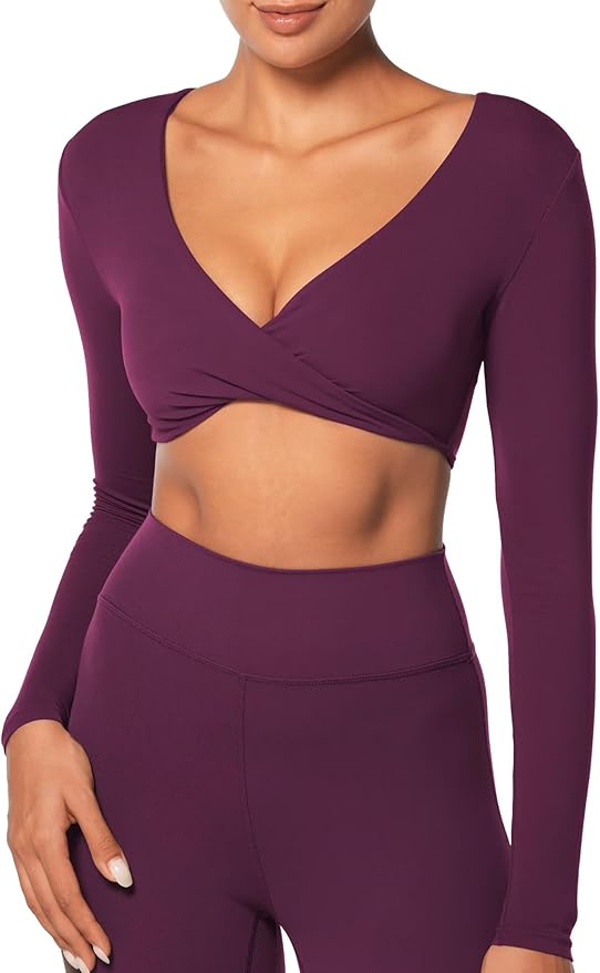Sunzel Long Sleeve Workout Tops for Women Buttery Soft Deep V Twist Cropped Tops with Compression for Yoga Pilates Gym Outfit