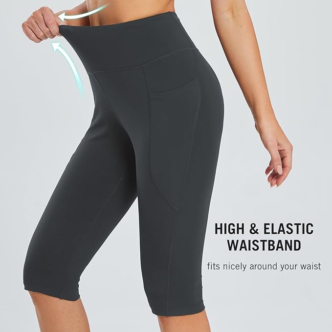 baleaf Women's Capri Leggings with Pockets High Waisted Knee Length Capris Stretch for Casual Yoga Pants Workout Exercise