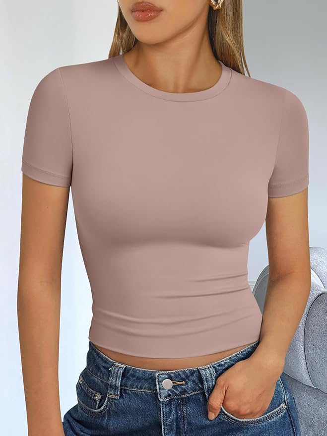 Trendy Queen Womens Short Sleeve T Shirts - Buttery Soft Summer Crop Tops Slim Fit Y2k Basic Tees for Workout