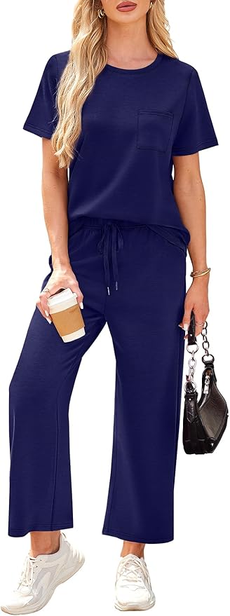 WIHOLL 2 Piece Sets for Women Casual Summer Travel Vacation Outfits Short Sleeve Wide Leg Crop Pants Lounge Sets