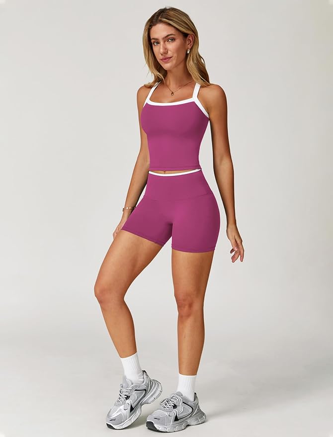 QBGJTD Two Piece Workout Sets For Women Tank Top Matching High Waist Booty Lifting Shorts Gym Yoga Active Wear Outfits