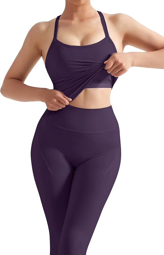 SUUKSESS Women 2 Piece Workout Sets Compression Tummy Control Leggings with Pockets Halter Built in Bra Tank Tops