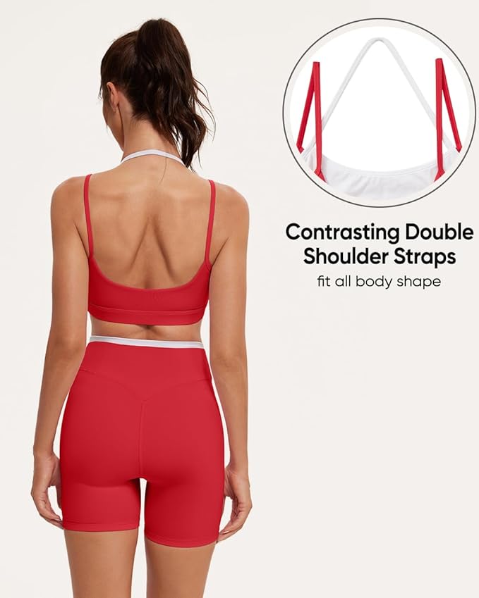 OMKAGI Workout Sets for Women Cute Doubel Layer Open Back Sports Bras Gym Shorts Outfits