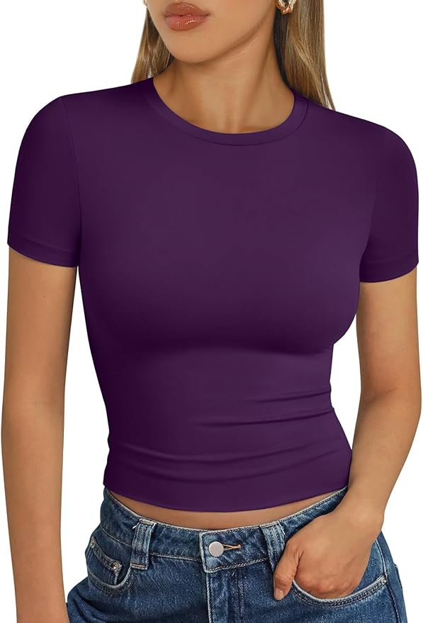 Trendy Queen Womens Short Sleeve T Shirts - Buttery Soft Summer Crop Tops Slim Fit Y2k Basic Tees for Workout