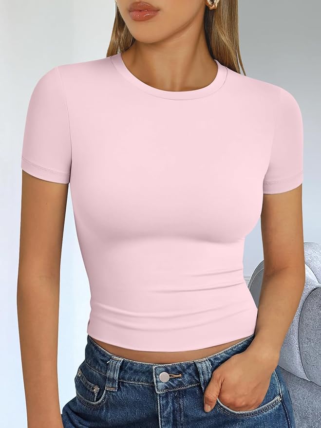 Trendy Queen Womens Short Sleeve T Shirts - Buttery Soft Summer Crop Tops Slim Fit Y2k Basic Tees for Workout