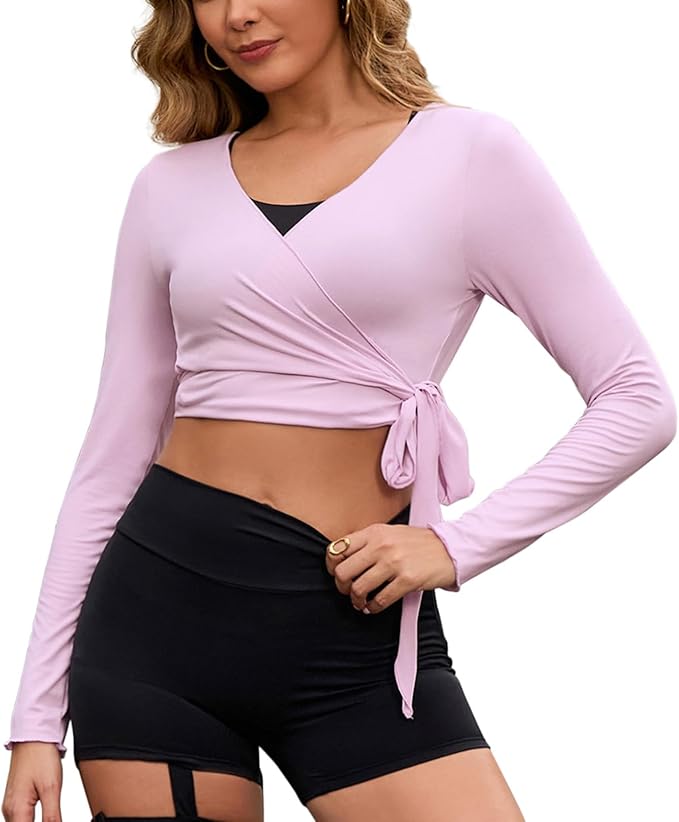 Perfashion Women Ballet Wrap Top Pilates Yoga Long Sleeve Workout Tie Tops Y2K Dance Shirt Blouses
