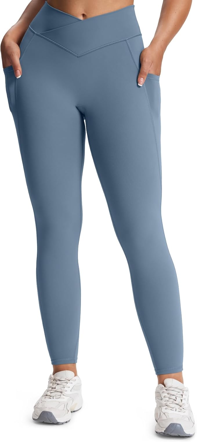 Aoxjox Women's Trinity High Waisted Yoga Pants with Pockets Cross-Waist Tummy Control Buttery Soft Workout Leggings 26"