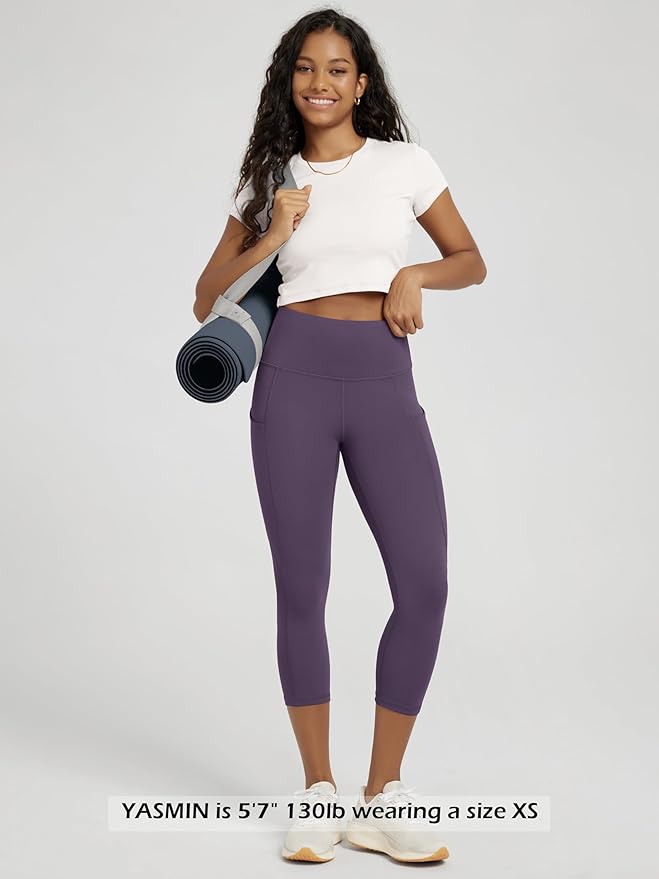 ODODOS Women's High Waisted Yoga Capris with Pockets, Tummy Control Non See Through Workout Athletic Running Capri Leggings